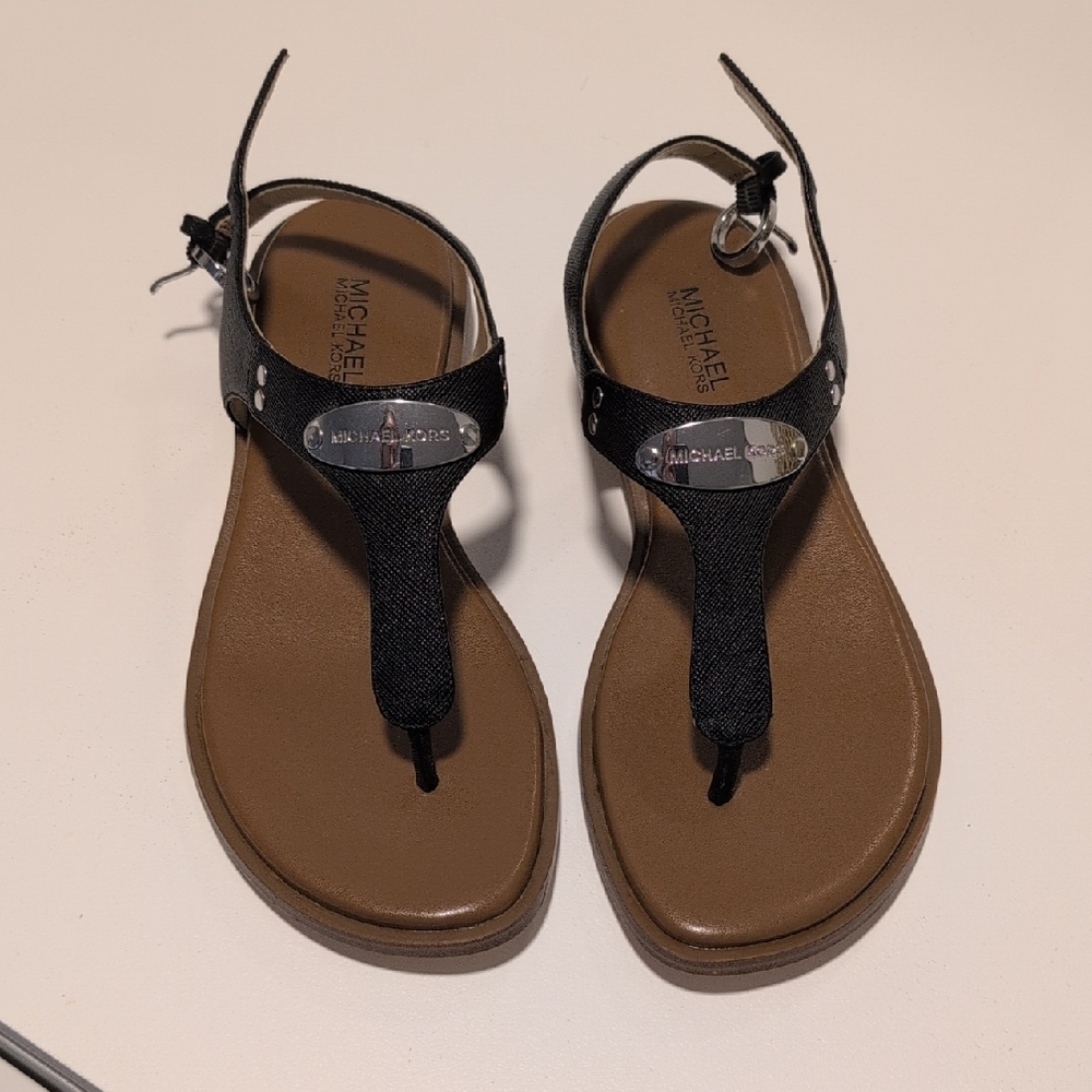 Women's Michael Kors Logo Plate Leather Sandal